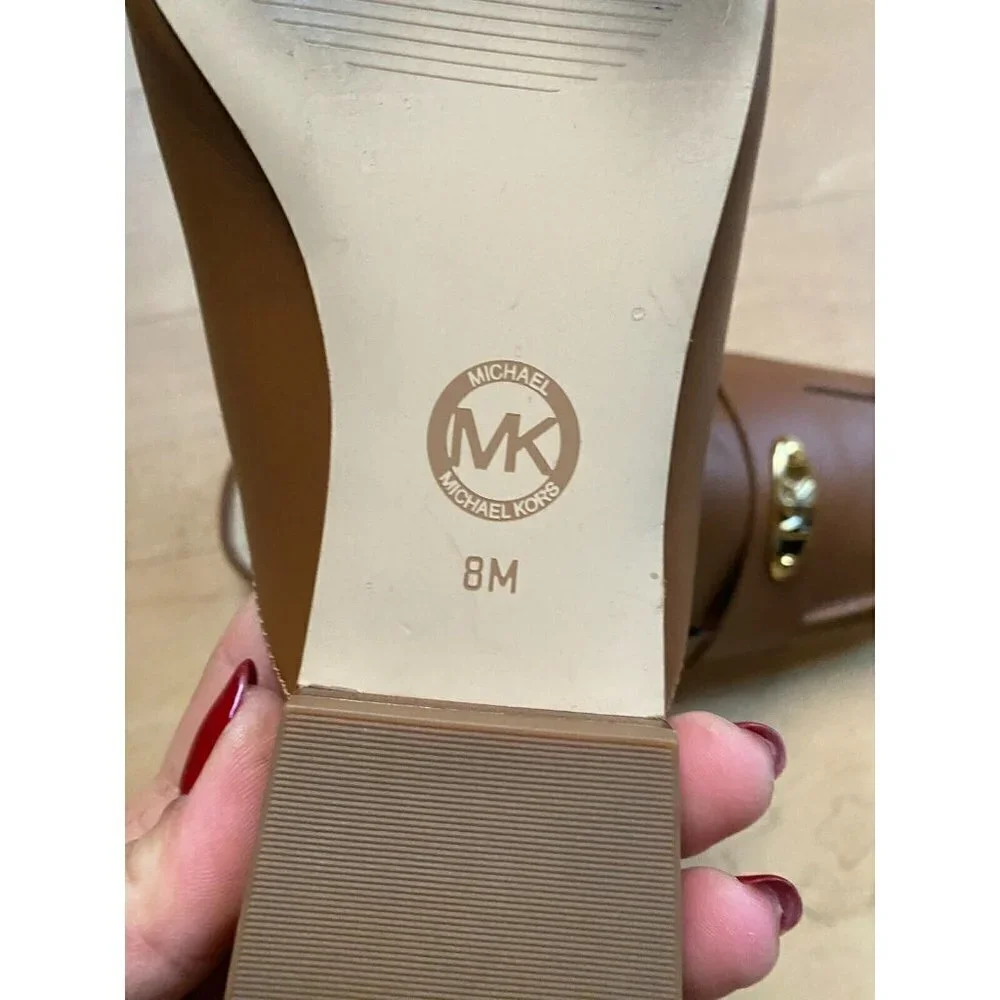 Michael Michael Kors BNWT "Ashley" tan brown logo plate mules women NEW - Picture 5 of 8
